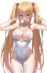 Rule 34 | 1girl, bare shoulders, blonde hair, blush, breasts, cleavage, collarbone, covered navel, dress, hair bobbles, hair ornament, highres, k pring, large breasts, long hair, looking at viewer, original, pelvic curtain, red eyes, sayuri (k pring), sidelocks, solo, thighhighs, thighs, twintails, very long hair, white background, white dress, white thighhighs