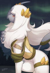Rule 34 | 1girl, absol, absurdres, animal hands, animal nose, arm strap, artist name, aurora, blue sky, body fur, bottomless, bright pupils, claws, clothed pokemon, clothing cutout, colored skin, cowboy shot, crack, creatures (company), dated, female focus, from side, furry, furry female, game freak, gen 3 pokemon, green ribbon, green shirt, grey horns, grey skin, hair ornament, half-closed eyes, hand on own chest, hand up, highres, horns, leaf hair ornament, leaning forward, long hair, neck fur, night, nintendo, open mouth, outdoors, pokemon, pokemon (creature), pokemon unite, profile, red eyes, ribbon, shirt, sidelocks, signature, single horn, skindentation, sky, solo, star (sky), tail, tail ornament, tail ribbon, thigh strap, thighs, tree, white fur, white hair, white pupils, zinfyu