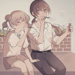 Rule 34 | 2girls, black pants, blunt bangs, blush, brick wall, brown eyes, brown hair, brown shorts, bubble, blowing bubbles, bubble pipe, closed eyes, closed mouth, collared shirt, commentary request, double bun, dress shirt, feet out of frame, flower, grey background, hair between eyes, hair bun, highres, holding, long hair, low ponytail, multiple girls, original, pants, ponytail, shirt, short shorts, short sleeves, shorts, simple background, sitting, tsuruse, twintails, white flower, white shirt