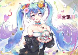 Rule 34 | 1girl, ai kotoba iii (vocaloid), amatory12, bad id, bad pixiv id, bandaid, bandaid on face, bare shoulders, blue eyes, blue hair, breasts, copyright name, earrings, floating hair, flower, hair flower, hair ornament, hatsune miku, heart, highres, jewelry, long hair, looking at viewer, medium breasts, nail polish, open mouth, solo, song name, tears, twintails, very long hair, vocaloid