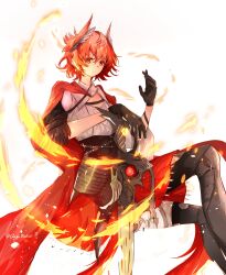 Rule 34 | 1girl, absurdres, arknights, arya melati, black gloves, black thighhighs, closed mouth, commentary, fiammetta (arknights), fiammetta (divine oath) (arknights), fire, gloves, hair between eyes, hand up, highres, long sleeves, looking at viewer, pyrokinesis, red eyes, red hair, red skirt, shirt, short hair, simple background, skirt, solo, thighhighs, twitter username, watermark, weapon, white background, white shirt