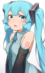 Rule 34 | 1girl, abmayo, bare shoulders, breasts, commentary request, detached sleeves, green hair, hair ornament, hatsune miku, highres, long hair, looking at viewer, medium breasts, necktie, open mouth, shirt, small breasts, solo, twintails, very long hair, vocaloid