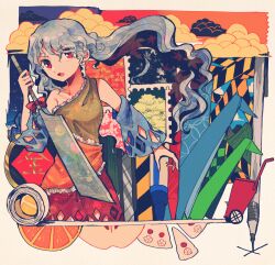 Rule 34 | 1girl, bare shoulders, blue sleeves, collarbone, detached sleeves, dress, grey hair, highres, holding, holding weapon, itomugi-kun, long hair, multicolored clothes, multicolored dress, nata (tool), open mouth, orange dress, red dress, red eyes, sakata nemuno, solo, touhou, weapon, yellow dress