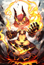 Rule 34 | 1girl, :d, black sclera, colored sclera, fang, fire, flat chest, horns, kito (sorahate), looking at viewer, navel, open mouth, original, pointy ears, red eyes, red hair, short hair, smile, solo, tail
