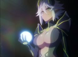 Rule 34 | 10s, 1girl, breasts, cleavage, dark skin, dark-skinned female, female focus, green eyes, highres, horns, large breasts, pointy ears, screencap, shinmai maou no testament, short hair, solo, standing, stitched, third-party edit, upper body, white hair, zest