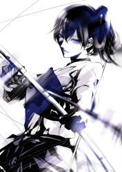 Rule 34 | 10s, 1girl, black hair, bow (weapon), drawing bow, eyelashes, gloves, hakama, hakama skirt, holding, holding bow (weapon), holding weapon, japanese clothes, kaga (kancolle), kantai collection, kiyohara hiro, looking at viewer, monochrome, motion blur, personification, purple eyes, simple background, skirt, solo, weapon, white background
