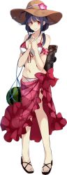 Rule 34 | 10s, 1girl, ahoge, bare shoulders, bikini, blush, breasts, collarbone, floral print, flower, food, fruit, full body, hair flaps, hair ornament, hat, hat flower, kantai collection, kujou ichiso, large breasts, long hair, looking at viewer, low twintails, machinery, navel, official art, purple hair, red eyes, ryuuhou (kancolle), sandals, smile, solo, straw hat, sun hat, swimsuit, taigei (kancolle), transparent background, twintails, watermelon