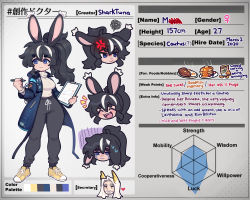 Rule 34 | 1girl, :3, absurdres, anger vein, animal ears, black hair, black pants, blue eyes, blue jacket, breasts, character sheet, clipboard, closed mouth, english text, fangs, highres, holding, holding clipboard, holding pen, jacket, long hair, long sleeves, looking away, medium breasts, multicolored hair, open mouth, original, pants, pen, rabbit ears, rabbit girl, rabbit tail, sharktuna, shoes, sneakers, sweatpants, tail, teeth, thick eyebrows, upper teeth only, white hair, yellow footwear