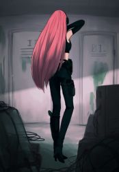 Rule 34 | 1girl, belt, black footwear, black gloves, black pants, black tube top, cable, commentary, elbow gloves, from behind, gloves, hand in own hair, hand up, headphones, high heels, highres, indoors, locker, long hair, megurine luka, moa0291, pants, pink hair, solo, standing, strap, strapless, tube top, tube top, vocaloid