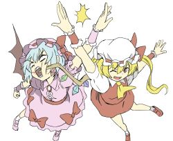 Rule 34 | 2girls, ascot, bat wings, blonde hair, blood, blue hair, bow, fang, flandre scarlet, hat, high five, multiple girls, one eye closed, open mouth, red eyes, remilia scarlet, ribbon, shimouki izui, short hair, side ponytail, smile, stab, touhou, wings