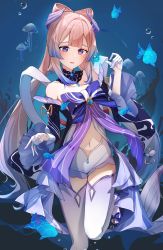 Rule 34 | 1girl, absurdres, bare shoulders, blunt bangs, bow, bowtie, fish, frilled sleeves, frills, genshin impact, gloves, hair ornament, highres, jellyfish, midriff, mizo, navel, open mouth, sangonomiya kokomi, shorts, smile, solo, thighhighs, underwater, water drop, white gloves, white shorts, white thighhighs, wide sleeves