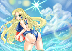 Rule 34 | 1girl, absurdres, artist request, ass, backless swimsuit, ball, beachball, blonde hair, blue one-piece swimsuit, blue sky, breasts, capcom, cloud, competition swimsuit, earrings, green eyes, highres, jewelry, kalinka cossack (mega man), large breasts, long hair, looking at viewer, looking back, mega man (classic), mega man (series), mega man 4, one-piece swimsuit, rockman xover, shiny clothes, shiny skin, sideboob, sky, smile, summer, swimsuit, very long hair, wading, water