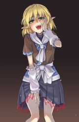 Rule 34 | 1girl, arm warmers, bad id, bad pixiv id, blonde hair, blush, fangs, green eyes, hand on own cheek, hand on own face, hand on thigh, mizuhashi parsee, oborofu, open mouth, pointy ears, saliva, short hair, skirt, solo, touhou