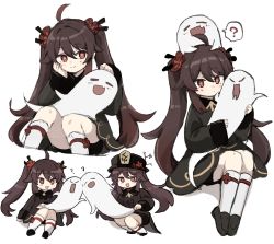 Rule 34 | 1girl, ?, black hair, brown eyes, commentary request, freenote mr, genshin impact, ghost, hair between eyes, hat, highres, hu tao (genshin impact), kneehighs, long hair, long sleeves, multiple views, open mouth, simple background, smile, socks, speech bubble, twintails, white background
