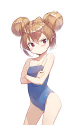 Rule 34 | 1girl, absurdres, aisaka taiga, bare arms, bare shoulders, blue one-piece swimsuit, blush, brown hair, closed mouth, competition school swimsuit, cowboy shot, double bun, frown, hair between eyes, hair bun, highres, looking at viewer, newey, one-piece swimsuit, red eyes, school swimsuit, short hair, simple background, solo, sparkle, standing, swimsuit, toradora!, white background