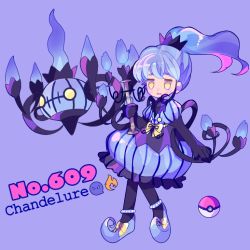 Rule 34 | 1girl, anklet, bad id, bad pixiv id, black gloves, black pantyhose, blue dress, blue footwear, blue hair, blush, blush stickers, bow, candle, chandelure, character name, child, creatures (company), dress, elbow gloves, english text, female focus, flat chest, floating, footwear bow, full body, game freak, gen 5 pokemon, gloves, hair ornament, hand up, holding, jewelry, narumame, nintendo, pantyhose, personification, pinstripe pattern, pointy footwear, poke ball, poke ball (basic), poke ball theme, pokedex number, pokemon, pokemon (creature), ponytail, puffy sleeves, purple background, shoes, simple background, standing, stitched mouth, stitches, striped, text focus, yellow bow, yellow eyes
