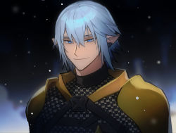 Rule 34 | 1boy, armor, blue eyes, blue hair, blurry, blurry background, chainmail, chinese commentary, commentary request, earclip, elezen, elf, final fantasy, final fantasy xiv, hair between eyes, half-closed eyes, haurchefant greystone, looking at viewer, male focus, outdoors, pauldrons, pointy ears, portrait, short hair, shoulder armor, smile, snowing, solo, turtleneck, wuliu heihuo