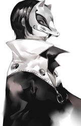 Rule 34 | 1boy, blazpu, fox mask, greyscale, high collar, highres, kitagawa yuusuke, looking at viewer, male focus, mask, monochrome, persona, persona 5, short hair, solo, upper body, white background