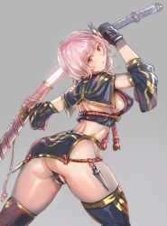 Rule 34 | 1girl, ass, bow (bhp), breasts, cowboy shot, grey background, hair between eyes, holding, holding sword, holding weapon, image sample, large breasts, legs apart, looking at viewer, looking back, original, pink eyes, pink hair, scabbard, sheath, short hair, sideboob, simple background, solo, standing, sword, tagme, thighhighs, tumblr sample, unsheathing, weapon