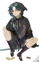 Rule 34 | 1boy, aqua hair, bad id, bad twitter id, bead necklace, beads, candy, facial mark, food, forehead mark, genshin impact, green hair, gyoju (only arme nim), hair between eyes, halloween, halloween costume, hand on own cheek, hand on own face, highres, holding, holding scythe, holding weapon, hood, hood up, jewelry, male focus, multicolored hair, necklace, official alternate costume, parted lips, scythe, simple background, sitting, solo, tassel, torn clothes, weapon, white background, xiao (genshin impact), xiao (halloween) (genshin impact), yellow eyes