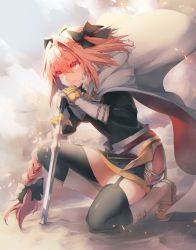 Rule 34 | 1boy, astolfo (fate), black thighhighs, braid, cape, fate/apocrypha, fate (series), garter straps, gauntlets, hair ribbon, highres, holding, holding weapon, long hair, looking at viewer, male focus, pink hair, purple eyes, ribbon, saihate (saihate d3), single braid, solo, sword, thighhighs, trap, very long hair, weapon