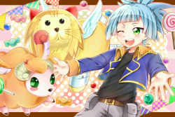 Rule 34 | 1boy, ;d, blue hair, candy, cropped jacket, duel monster, fluffal leo, fluffal sheep, food, green eyes, highres, lion, lollipop, one eye closed, open mouth, outstretched arms, pouch, ringo (mk1104-toatales), sheep, shiun&#039;in sora, smile, stuffed animal, stuffed toy, wings, yu-gi-oh!, yu-gi-oh! arc-v