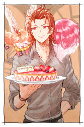 Rule 34 | 1boy, arm behind back, birthday cake, buttons, cake, carbuncle (granblue fantasy), closed mouth, collared shirt, commentary request, food, gedougawa, granblue fantasy, grey shirt, happy birthday, heart, holding, holding plate, horns, male focus, medium hair, orange eyes, orange hair, percival (granblue fantasy), plate, shirt, single horn, sleeves rolled up, smile, upper body, wristband