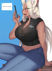 Rule 34 | 1girl, animal ears, annoyed, arm support, black shirt, blonde hair, blush, bob (bobtheneet), boku no hero academia, breasts, cellphone, cleavage, cosplay, dark-skinned female, dark skin, denim, english text, female focus, groin, half-closed eyes, hand up, highres, holding, holding phone, jeans, large breasts, legs, long hair, midriff, mirko, open mouth, pants, phone, product girl, red eyes, samsung sam, samsung sam (cosplay), shirt, simple background, sitting, sleeveless, solo, speech bubble, table, talking on phone, thick thighs, thighs, two-tone background