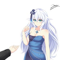 Rule 34 | absurdres, bare shoulders, black heart (neptunia), blue dress, breasts, cleavage, dress, gown, green eyes, hair ornament, hairclip, highres, jewelry, long hair, medium breasts, necklace, neptune (series), nisen, noire (neptunia), smile, tsundere, white hair