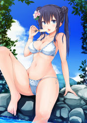 Rule 34 | 1girl, :p, bare arms, bare shoulders, bikini, black hair, blue eyes, blush, bracelet, breasts, cleavage, day, double bun, flower, food, hair between eyes, hair bun, hair flower, hair ornament, highres, irohara, jewelry, licking, long hair, looking at viewer, medium breasts, navel, original, outdoors, popsicle, side-tie bikini bottom, sitting, solo, stone wall, swimsuit, tongue, tongue out, twintails, wall, water, wet, white bikini