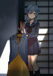 Rule 34 | 1girl, annin musou, bad id, bad twitter id, black neckerchief, blue eyes, blue hair, blue sailor collar, blue skirt, clothes hanger, coat, commentary request, feet out of frame, gloves, gotland (kancolle), hair bun, half gloves, highres, kantai collection, long hair, long sleeves, military, military uniform, mole, mole under eye, neckerchief, sailor collar, single hair bun, skirt, solo, uniform, white gloves