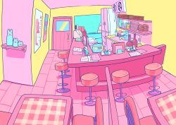 Rule 34 | air conditioner, bar stool, bottle, cash register, chair, colorful, cooking pot, counter, door, fisheye, from above, highres, indoors, jacktaro, kitchen, menu, no humans, original, pink theme, plate, restaurant, scenery, sink, stool, table