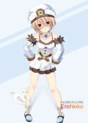 Rule 34 | 1girl, artist name, bare legs, bare shoulders, blanc (neptunia), blue eyes, blush, brown hair, choujigen game neptune, collar, commentary, detached sleeves, dress, english commentary, eroneko senpai, frown, full body, hair between eyes, hands on own hips, hat, leaning forward, looking at viewer, neptune (series), no jacket, short hair, solo, spaghetti strap, white dress