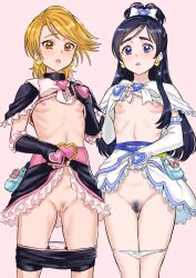 Rule 34 | 2girls, black gloves, black hair, black shirt, black shorts, black skirt, blue eyes, blush, breasts, brooch, brown eyes, brown hair, censored, clothes lift, commentary request, cowboy shot, cure black, cure white, earrings, elbow gloves, female pubic hair, futari wa precure, gloves, hand up, heart, heart brooch, heart earrings, highres, jewelry, kuppipi ramutarou, magical girl, misumi nagisa, mosaic censoring, multiple girls, navel, nipples, paid reward available, panties, panty pull, pink background, pink panties, precure, pubic hair, pussy, ribs, shirt, shirt lift, shorts, shorts under skirt, skirt, skirt lift, small breasts, standing, thigh gap, thighs, underwear, white gloves, white panties, white shirt, white skirt, yukishiro honoka