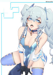 Rule 34 | 1girl, argyle, argyle clothes, argyle cutout, artist name, bare shoulders, between legs, blue choker, blue dress, blue hair, blue thighhighs, braid, breasts, china dress, chinese clothes, choker, cleavage, clothing cutout, dress, girls&#039; frontline, gloves, half gloves, hand between legs, heart, heart-shaped pupils, highleg, highleg dress, highres, light blue hair, long hair, nightgown, official alternate costume, open mouth, pa-15 (alluring larkspur) (girls&#039; frontline), pa-15 (girls&#039; frontline), pelvic curtain, symbol-shaped pupils, thighhighs, tongue, tongue out, twin braids, white nightgown, wuwuwu (kriswu555)