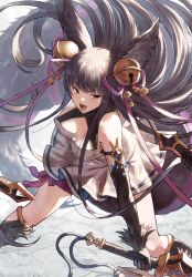 Rule 34 | 1girl, animal ears, bell, black hair, breasts, cleavage, commentary request, dress, elbow gloves, erune, fagi (kakikaki), fox ears, fox tail, gloves, granblue fantasy, hair bell, hair ornament, highres, holding, holding sword, holding weapon, jingle bell, large breasts, long hair, partial commentary, purple eyes, solo, sword, tail, very long hair, weapon, yuel (granblue fantasy)