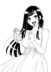 Rule 34 | 1girl, bad id, bad twitter id, bare arms, bare shoulders, blush, breasts, collarbone, commentary request, dress, earrings, food, greyscale, highres, holding, holding food, holding spoon, ice cream, jewelry, large breasts, looking at viewer, monochrome, nikaidou kou, open mouth, simple background, solo, spoon, sundress, tongue, tongue out, upper body, white background