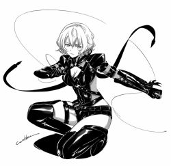 Rule 34 | 1girl, artist name, boots, breasts, cleavage, closed mouth, commentary, eiyuu densetsu, elbow gloves, eyelashes, falcom, full body, gloves, greyscale, holding, holding knife, kneeling, knife, leather, leotard, looking at viewer, medium breasts, monochrome, on one knee, reverse grip, sen no kiseki, sharon kreuger, short hair, signature, simple background, solo, strap, string, thigh boots, thigh strap, thighhighs, thighs, werkbau, white background