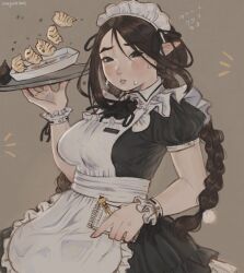 Rule 34 | 1girl, anajudraws, apron, artist name, black bow, black bowtie, black dress, black eyes, black hair, blush, bow, bowtie, braid, breasts, dress, dumpling, food, grey background, holding, holding notepad, holding tray, jiaozi, looking at viewer, maid, maid apron, maid headdress, medium breasts, notepad, pencil, pointy ears, short sleeves, simple background, solo, sweatdrop, tray, twin braids, twintails, waitress, wrist cuffs