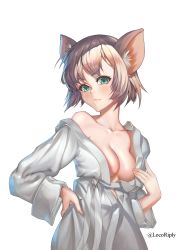Rule 34 | 1girl, animal ears, blonde hair, breasts, chinese zodiac, cleavage, dmitriy samarkin, green eyes, hand on own hip, highres, long sleeves, looking at viewer, medium breasts, mouse ears, mouse girl, off-shoulder robe, off shoulder, original, personification, robe, short hair, simple background, smile, solo, upper body, white background, white robe, wide sleeves, year of the rat