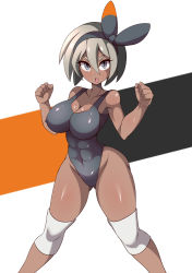 Rule 34 | 1girl, abs, absurdres, bare arms, bare shoulders, bea (pokemon), black background, black bow, black one-piece swimsuit, blonde hair, bow, breasts, cleavage, covered erect nipples, covered navel, cowboy shot, creatures (company), dark-skinned female, dark skin, eyelashes, game freak, grey eyes, gym leader, hair between eyes, hair bow, highres, impossible clothes, large breasts, legs apart, leotard, looking at viewer, lucyfer, matching hair/eyes, nintendo, one-piece swimsuit, orange background, pokemon, pokemon swsh, short hair, silver hair, simple background, solo, swimsuit, thick eyebrows, thick thighs, thighs, toned, v-shaped eyebrows, white background, wide hips