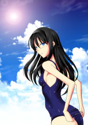 Rule 34 | 00s, 1girl, black hair, blue eyes, breasts, day, hairband, long hair, looking at viewer, mako (artist), mako (atomic goddess), one-piece swimsuit, outdoors, school swimsuit, sideboob, sky, small breasts, solo, swimsuit, tohno akiha, tsukihime