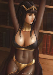 Rule 34 | 1girl, arms up, black hair, bookshelf, breasts, cape, cleavage, cowboy shot, fire emblem, fire emblem awakening, highres, large breasts, library, lips, long hair, nintendo, realistic, solo, tharja (fire emblem), yupachu