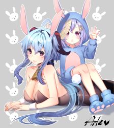 Rule 34 | 2girls, ahoge, aile (crossroads), animal background, animal costume, animal ears, animal hood, bad id, bad pixiv id, bell, black legwear, black leotard, blue footwear, blue hair, breasts, cleavage, closed mouth, commentary request, fake animal ears, ganyu (genshin impact), genshin impact, grey background, hair between eyes, hair ornament, hands up, highres, hood, hood up, horns, kemonomimi mode, leotard, long hair, long sleeves, lying, medium breasts, multiple girls, ofuda, on stomach, pantyhose, paw shoes, puffy long sleeves, puffy sleeves, purple eyes, purple hair, qiqi (genshin impact), rabbit ears, rabbit girl, rabbit hood, rabbit tail, red eyes, sitting, sitting on person, smile, strapless, strapless leotard, tail, very long hair, wrist cuffs