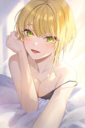 Rule 34 | 1girl, bare shoulders, black camisole, blonde hair, blurry, blurry background, breasts, camisole, cleavage, eyebrows hidden by hair, eyelashes, foreshortening, green eyes, hand up, highres, idolmaster, idolmaster cinderella girls, light blush, looking at viewer, magako, medium breasts, miyamoto frederica, open mouth, outstretched arm, reaching, reaching towards viewer, short hair, sidelighting, smile, solo, strap slip, upper body