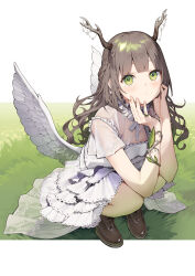 Rule 34 | 1girl, antlers, brown footwear, brown hair, commentary, commission, dress, feathered wings, grass, green eyes, highres, horns, kitada mo, layered dress, long hair, looking at viewer, low wings, original, skeb commission, solo, white dress, white wings, wings