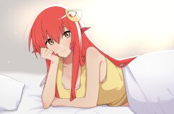 Rule 34 | 1girl, absurdres, blush, bra, breasts, commission, commissioner upload, hair between eyes, hair ornament, highres, indoors, long hair, looking at viewer, medium breasts, miia (monster musume), monster musume no iru nichijou, non-web source, pillow, pink bra, pointy ears, red eyes, red scales, scales, shirt, skeb commission, smile, solo, strap slip, suika aji, under covers, underwear, very long hair, yellow shirt