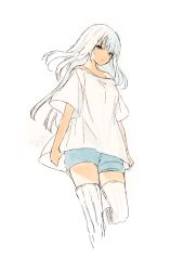 Rule 34 | 1girl, bare shoulders, blue shorts, brown eyes, closed mouth, long hair, looking at viewer, lpip, off-shoulder shirt, off shoulder, original, shirt, short shorts, short sleeves, shorts, signature, simple background, solo, standing, standing on one leg, thighhighs, very long hair, white background, white hair, white shirt, white thighhighs, wide sleeves