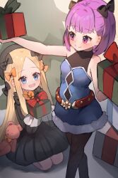 2girls :d abigail_williams_(fate) bare_arms bare_shoulders beret black_bow black_dress black_hat black_leotard black_pantyhose blonde_hair blue_dress blue_eyes blush bow box breasts closed_mouth commentary dress english_commentary fate/grand_order fate_(series) feet_out_of_frame fur-trimmed_dress fur_trim gift gift_box hair_bow hat helena_blavatsky_(fate) highres holding holding_gift leotard leotard_under_clothes long_hair long_sleeves miya_(miyaruta) multiple_girls open_mouth orange_bow pantyhose parted_bangs puffy_long_sleeves puffy_sleeves purple_eyes purple_hair seiza side_ponytail sitting small_breasts smile standing stuffed_animal stuffed_toy teddy_bear very_long_hair walking