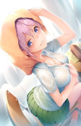 Rule 34 | 1girl, blue eyes, blush, breasts, chair, cleavage, collared shirt, commentary request, desk, from above, go-toubun no hanayome, green skirt, hair between eyes, indoors, large breasts, leaning forward, lips, looking at viewer, nakano ichika, nose blush, parted lips, pink hair, pink lips, ryuji (ikeriu), school chair, school desk, shirt, short hair, sitting, skirt, solo, unworn sweater, towel, towel on head, wet, wet clothes, wet shirt, white shirt